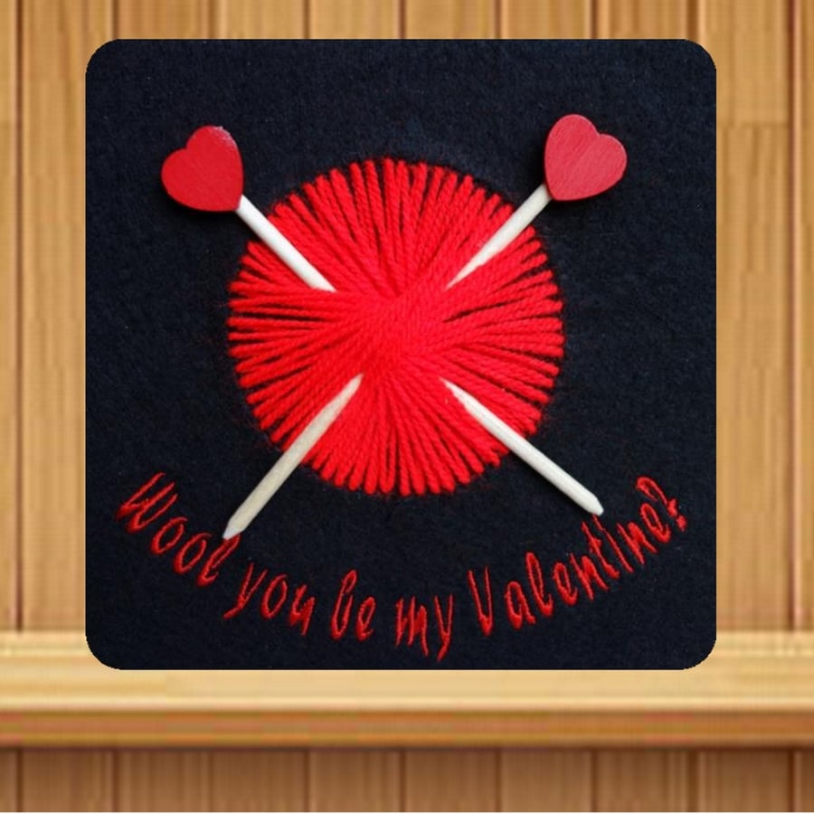 Valentines Card. Handmade embroidered design with Knitting needles design.
