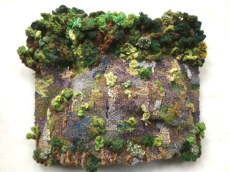 Mounted handwoven 3D tapestry weaving and crochet artwork