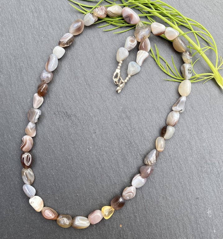 Botswana Agate Tumble Stones & Sterling Silver Necklace