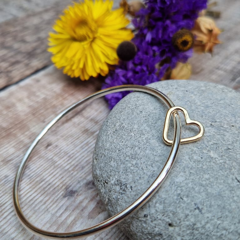 Sterling Silver Smooth Bangle with 9ct Gold Heart - JBJ5012