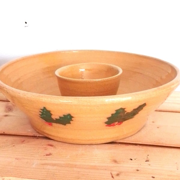 Christmas chip and dips bowl, ceramic holly and berries, Party snack serving