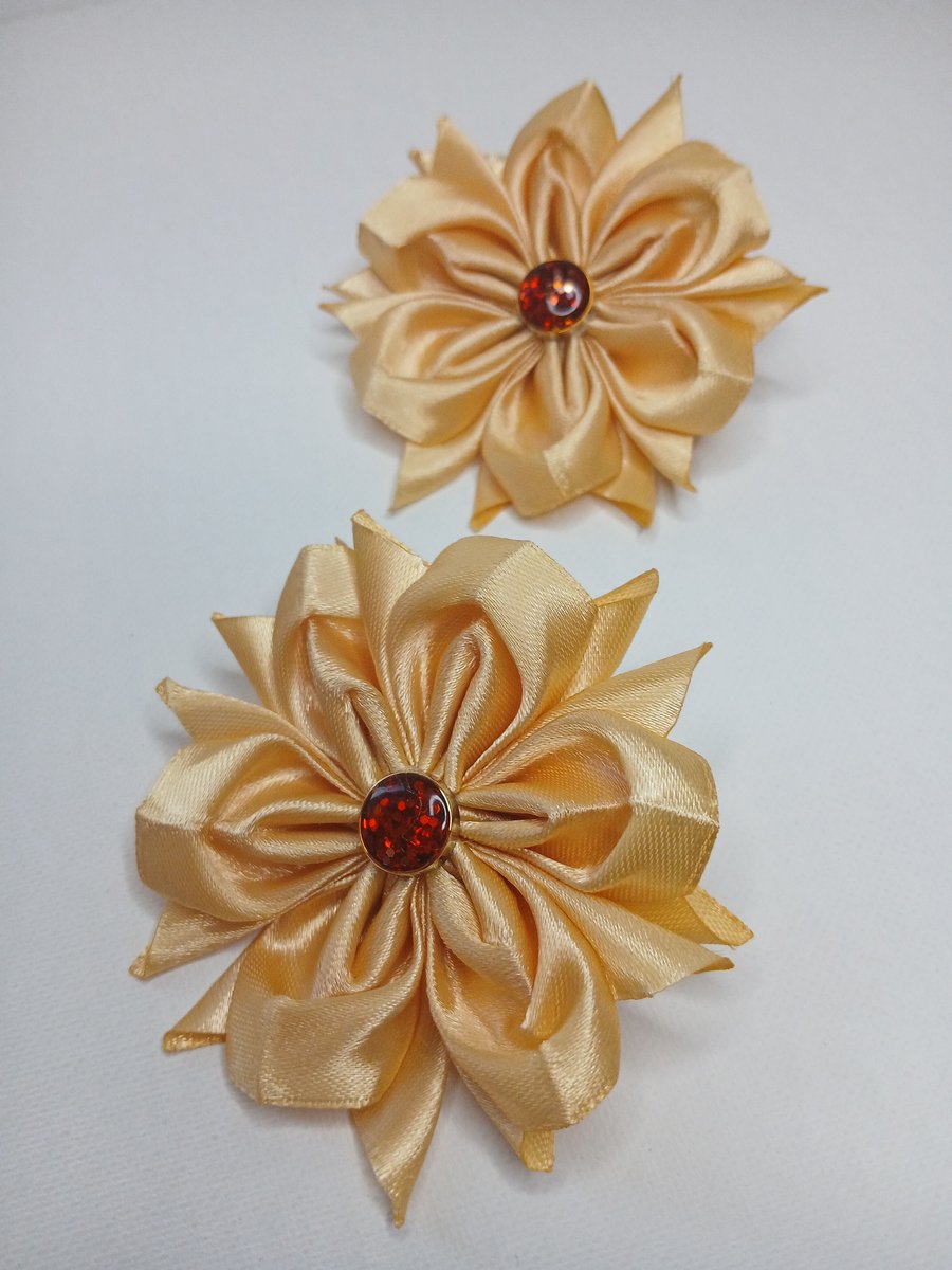 Gold Satin Ribbon Flower Hair Ties, Set of 2, Champagne Flower