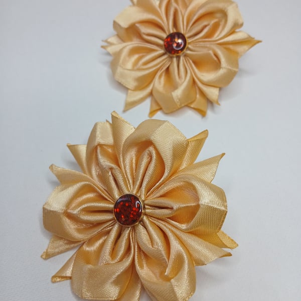 Gold Satin Ribbon Flower Hair Ties, Set of 2, Champagne Flower