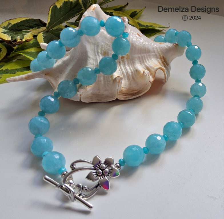 Designer Blue Agate & Blue Quartzite Silver Plated Necklace