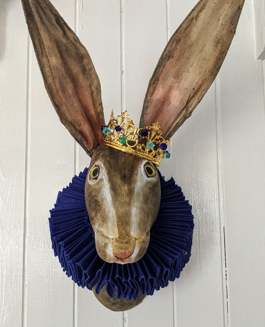 Handmade hare with crown, faux taxidermy, animal collectable, wall hanging