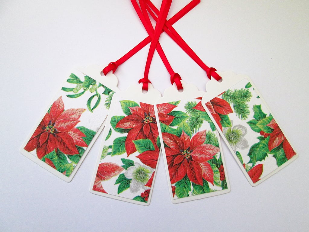Set of 4 poinsettia Christmas gift tags