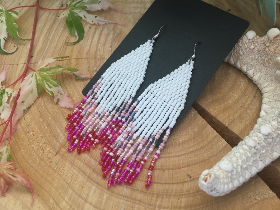 Beautiful handwoven beaded dangle fringe earrings, mothers day gift, pink 