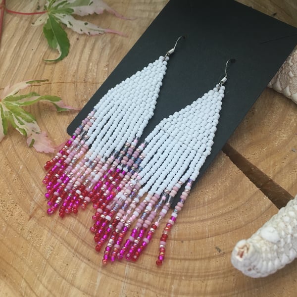 Beautiful handwoven beaded dangle fringe earrings, mothers day gift, pink 