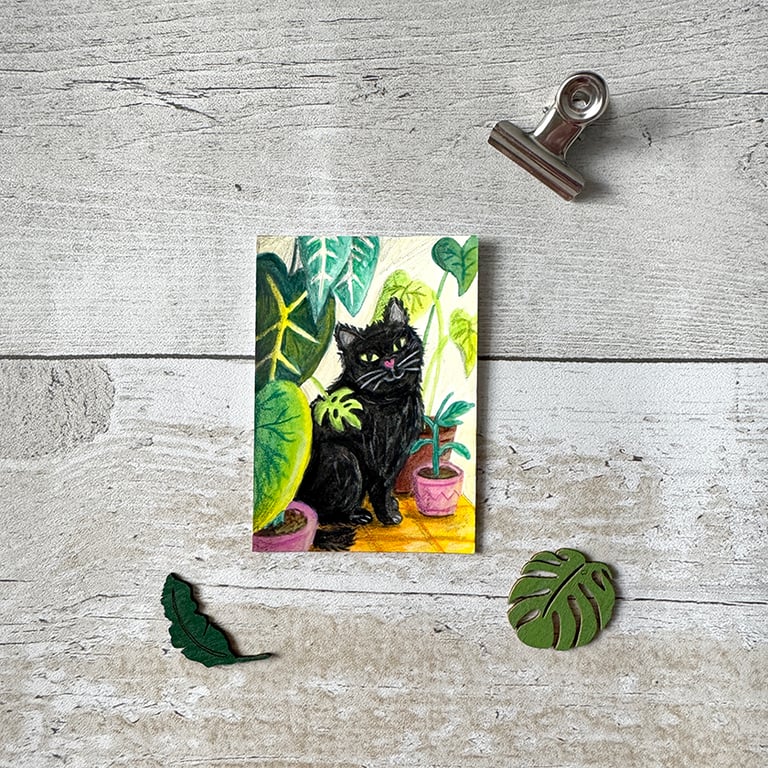 Black Cat Miniature Original ACEO painting - One of a kind