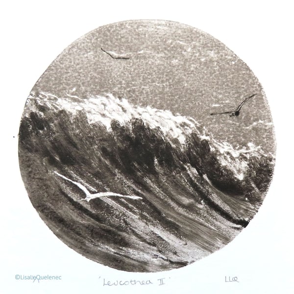 Sea, surf and gliding gulls black and white monoprint coastal beach scene