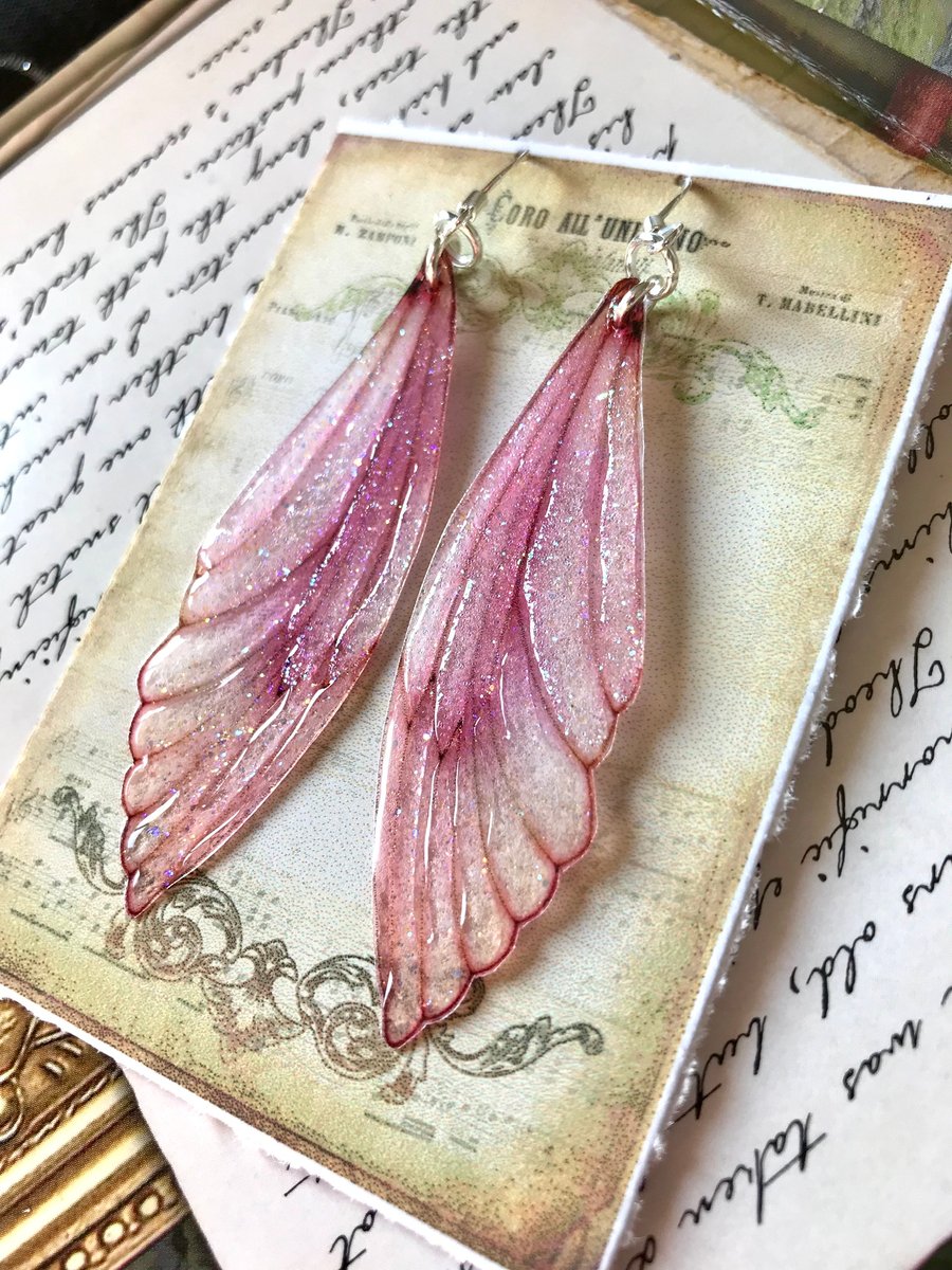 Pink Sparkly Sterling Silver Fairy Wing Earrings Style 2