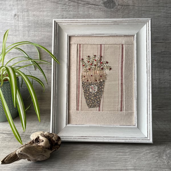 Hand Embroidered  Framed Botanical Picture
