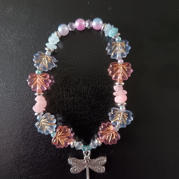 Pastel leaf bead and dragonfly charm elasticated bracelet