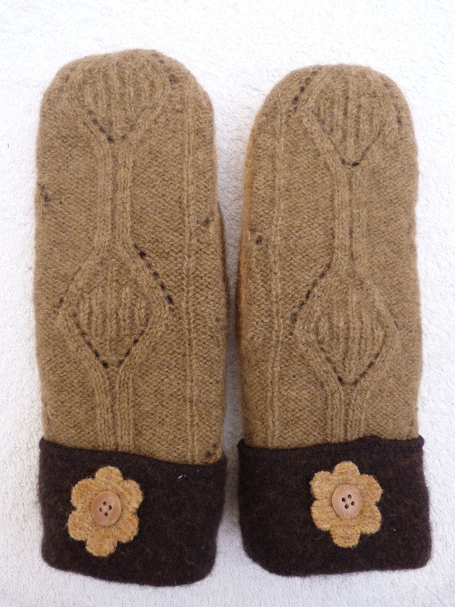 Wool mittens Created from Up-cycled Sweaters. Fully Lined. Brown