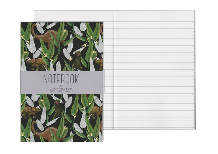 Lined Pages A5 Notebook - Dinosaur Jungle Green