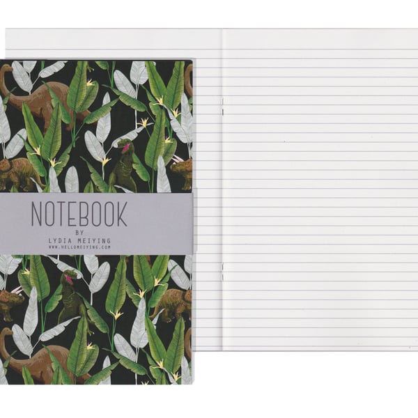 Lined Pages A5 Notebook - Dinosaur Jungle Green