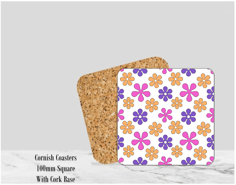Flower Coaster  4" Square With Cork Base - Design 2