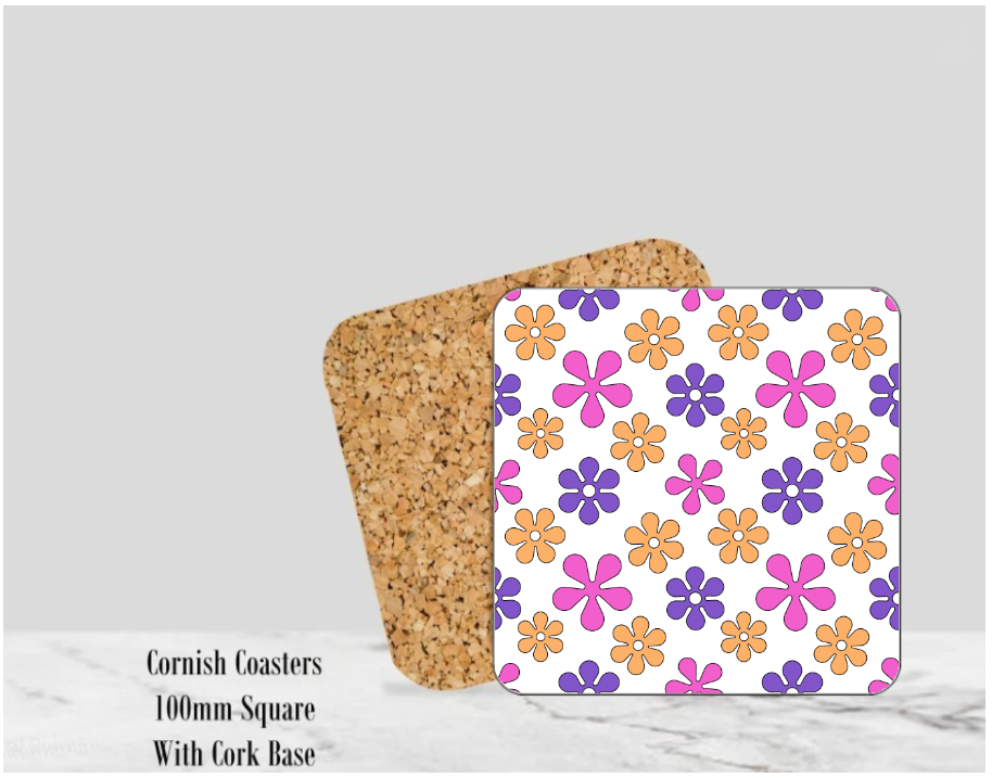 Flower Coaster  4" Square With Cork Base - Design 2