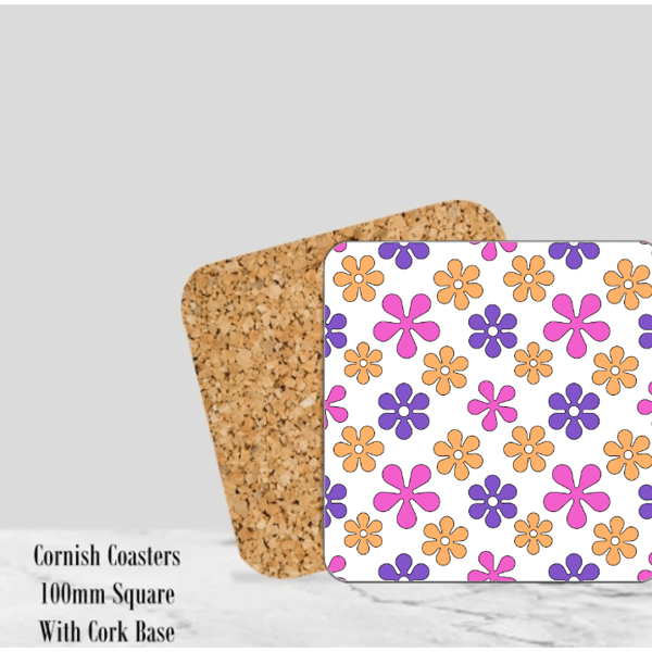 Flower Coaster  4" Square With Cork Base - Design 2