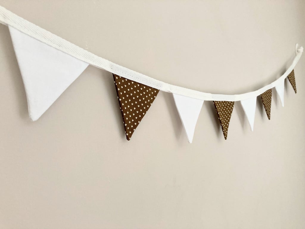 Brown and white heart mini bunting. Double sided cotton fabric. 