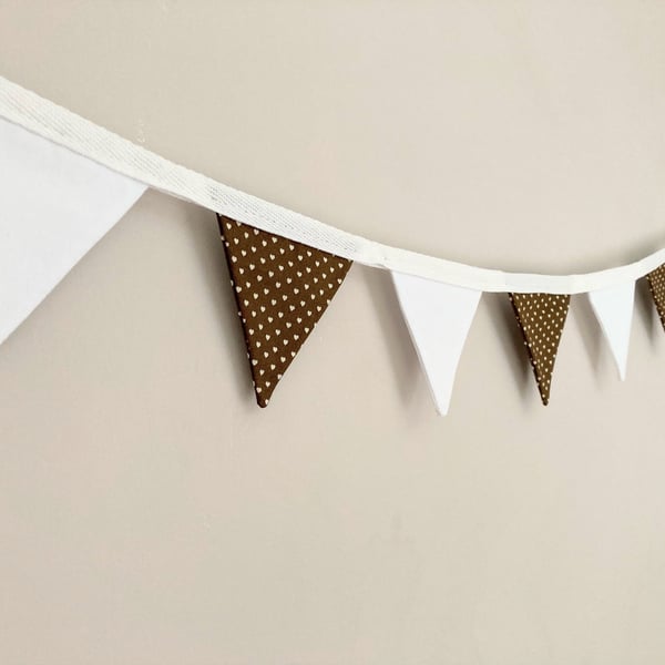 Brown and white heart mini bunting. Double sided cotton fabric. 