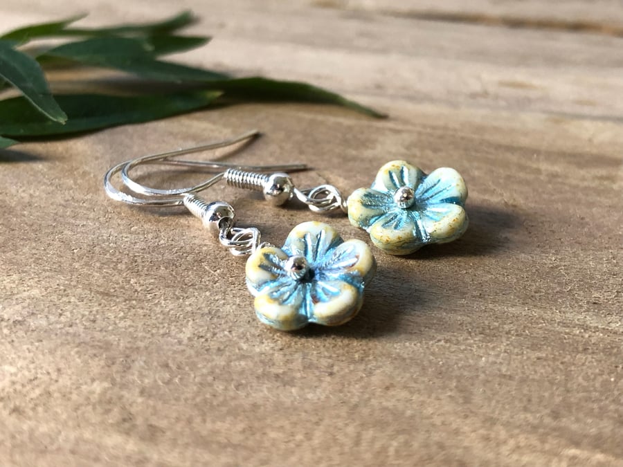 Small Blue Czech Glass Flower Earrings. Delicate Dangly Boho Flower Earrings