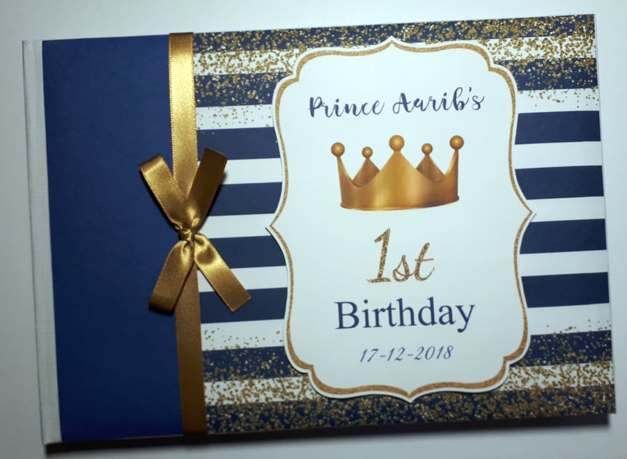 Prince birthday guest book, gold crown blue and gold guest book
