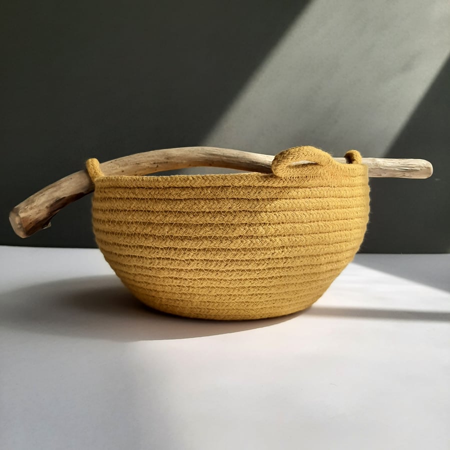 Mustard Newtown Bowl, coiled cotton bowl with driftwood handle