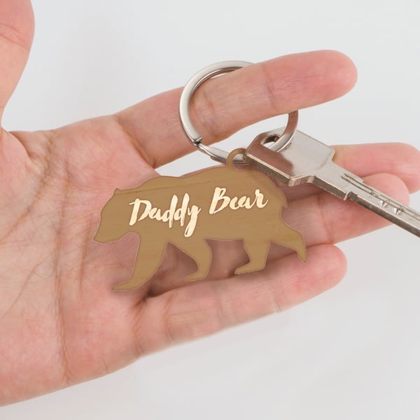 Personalised Daddy Bear engraved wood Keyring - Cute Small Father's Day Gift