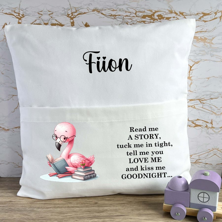 Personalised Flamingo Book Pocket Cushion, Read Me A Story Reading Cushion