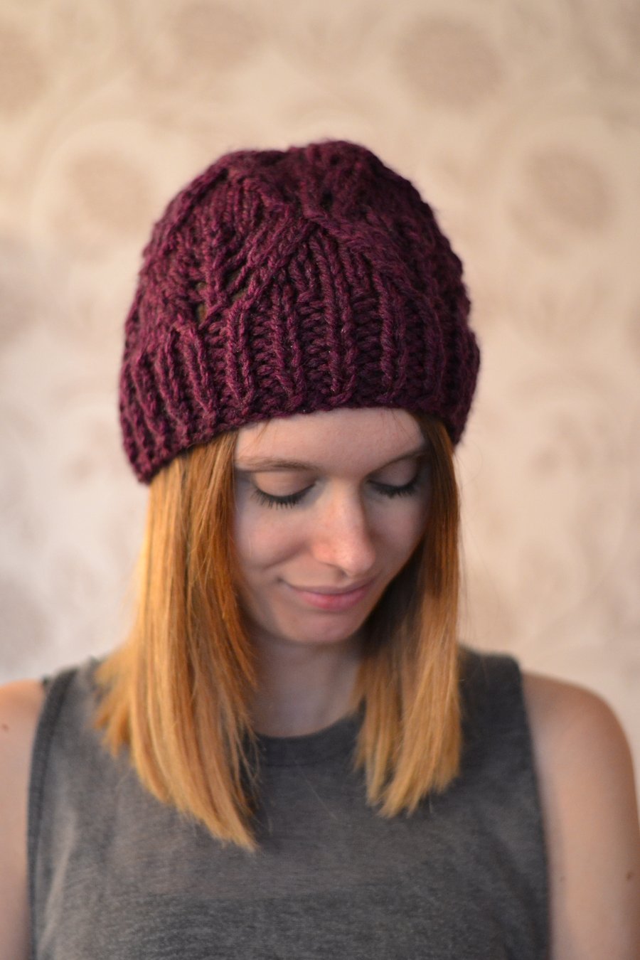 Hat Redcurrant Womens Super ChunkyDiamond Pattern Knitted Beanie 24 Other Colour