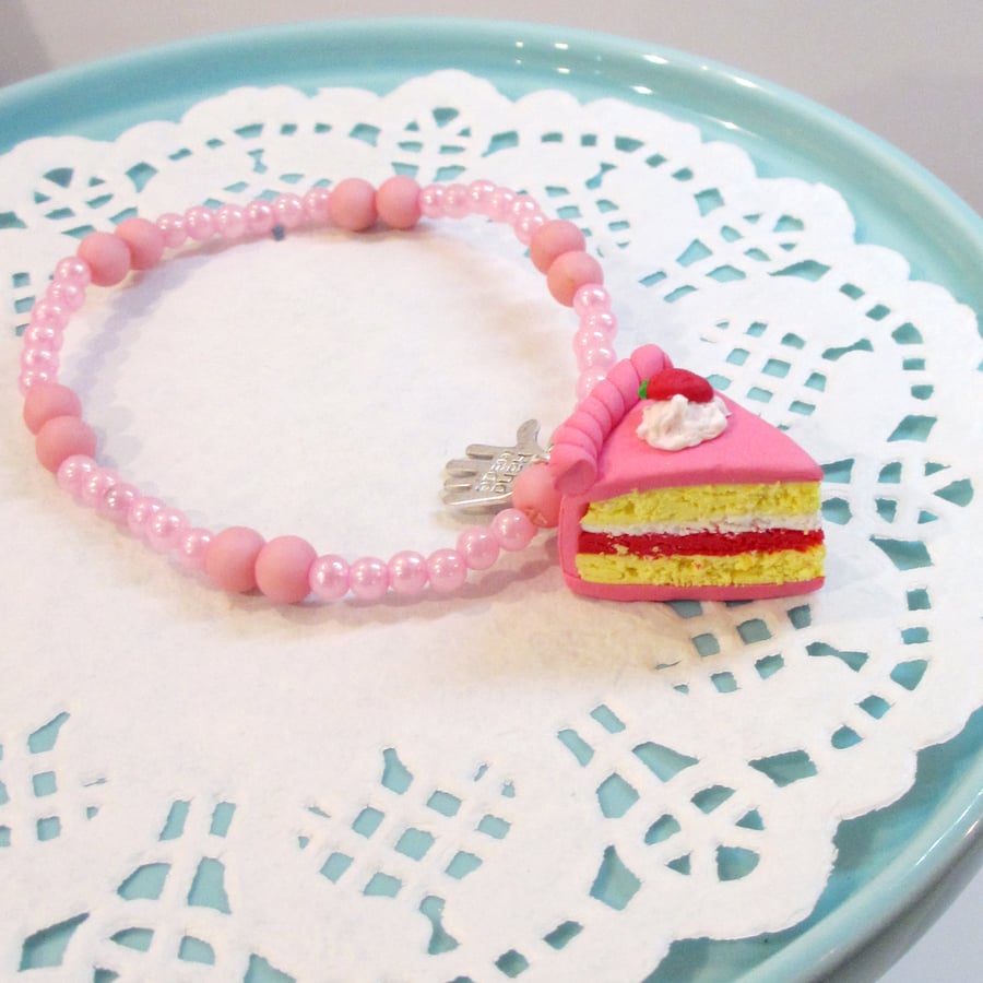 Retro Strawberry cake slice pink coloured bracelet quirky, unique, handmade