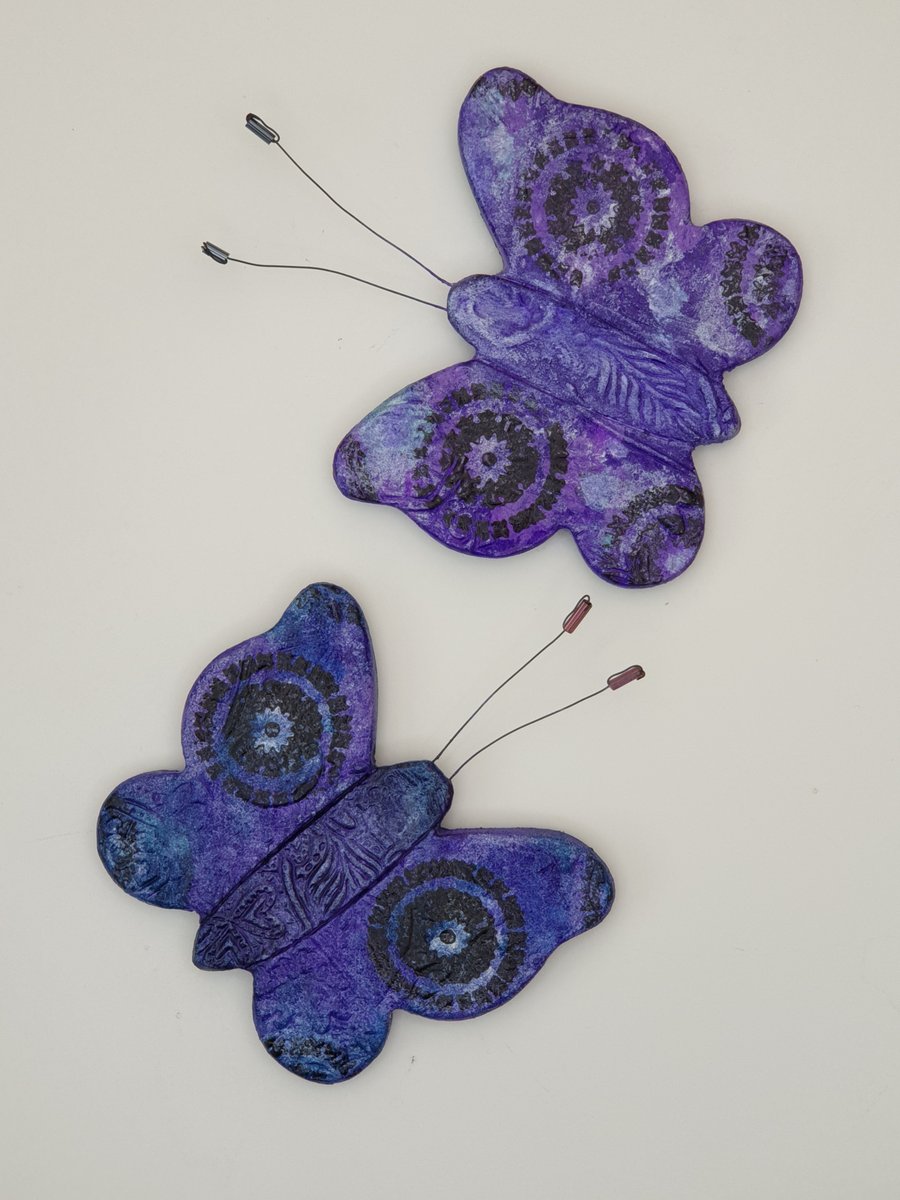 Butterfly fridge magnets, pair of purple clay butterflies 