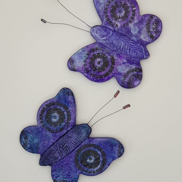 SALE pair purple butterfly fridge magnets, clay butterflies 