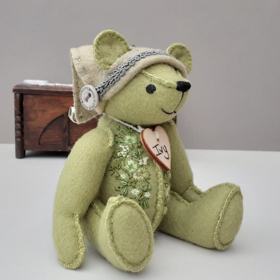 Ivy bear, hand embroidered small artist bear, Christmas Collectable teddy bear