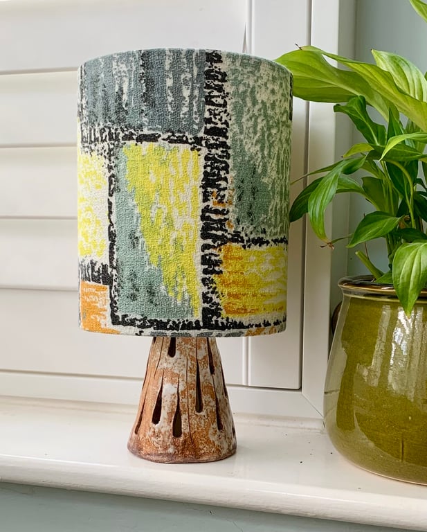  Geo Mid Century 50s Grey Yellow Orange Barkcloth Vintage Fabric Lampshade