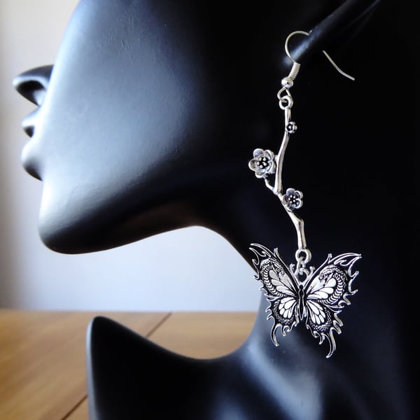 Flower Branch with Enamelled Butterfly Snake Earrings & silver plated ear wires