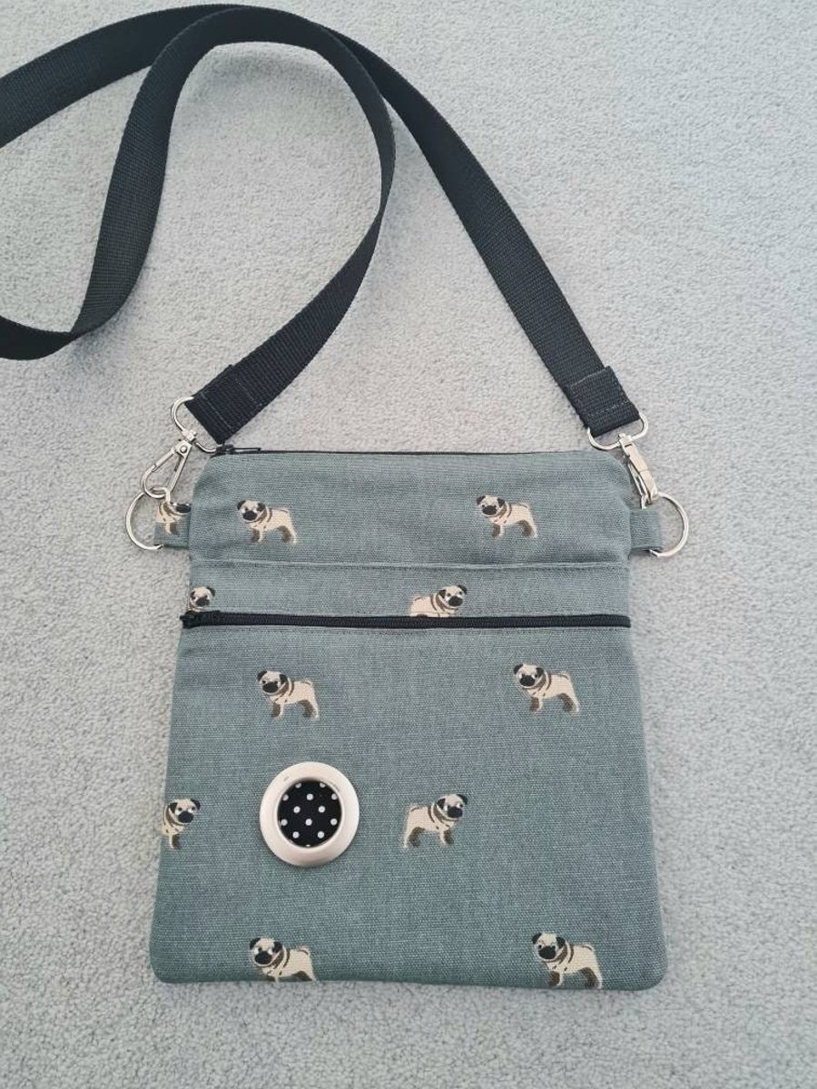 Dog Walking bag made in sophie Allport Pug fabric
