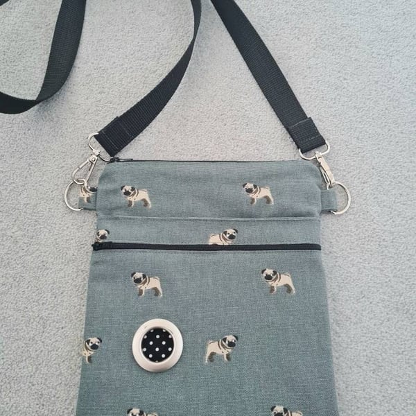 Dog Walking bag made in sophie Allport Pug fabric