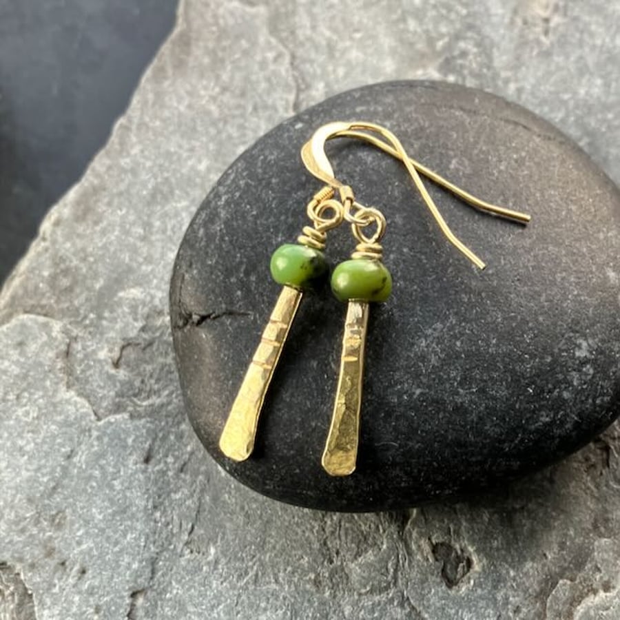Gold Coloured Drop Earrings with Chrysoprase