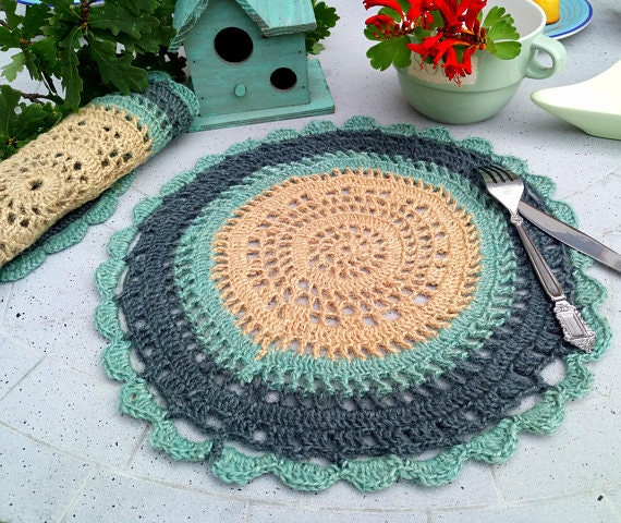 Crochet jute place mat-pale turquoise,petrol green and beige color round crochet
