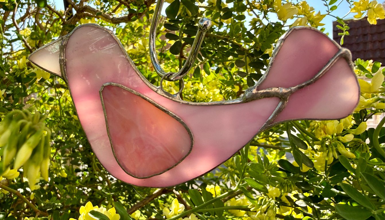 Stained Glass Dove Suncatcher - Mid pink and soft yellow-tinted wing
