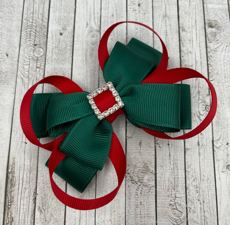 School Hunter Green Double Layer Bow with Red Loops on Clip