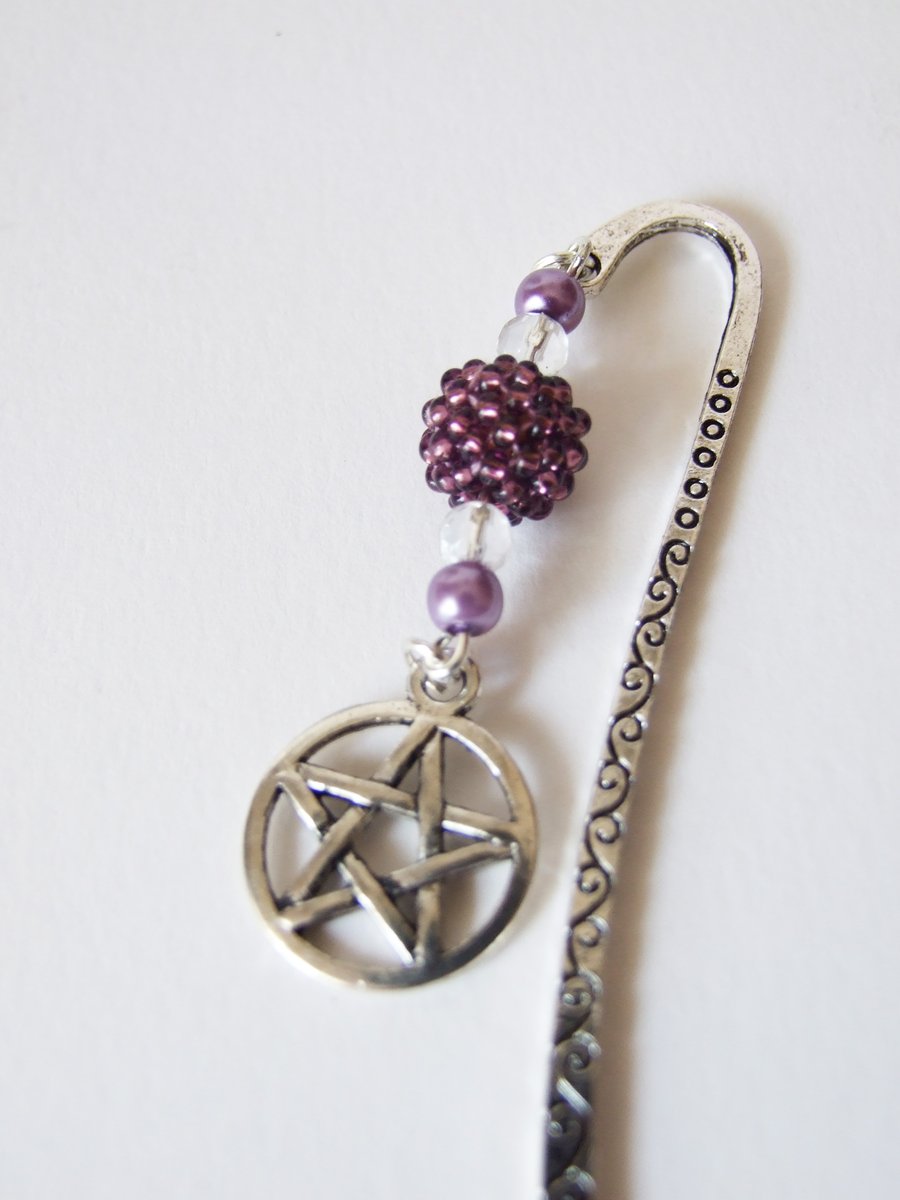 Pentagram Charm and Purple Beads Silver Metal Shepherd's Hook Bookmark
