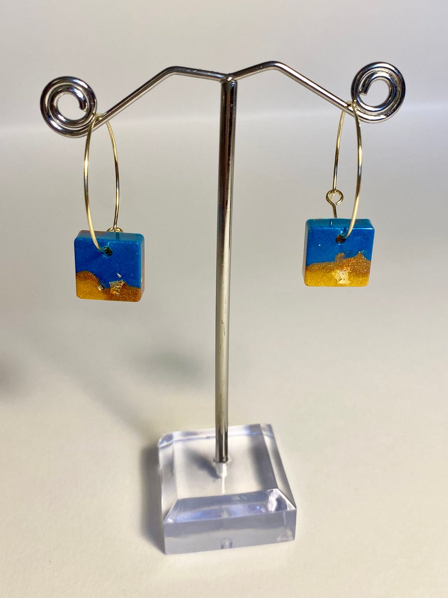 Handmade blue resin and gold leaf square hoop earrings
