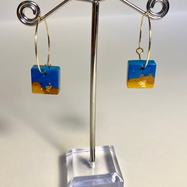 Handmade blue resin and gold leaf square hoop earrings