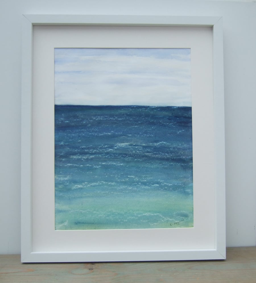 Original Watercolour Seascape Framed Painting, Aqua Sea 2