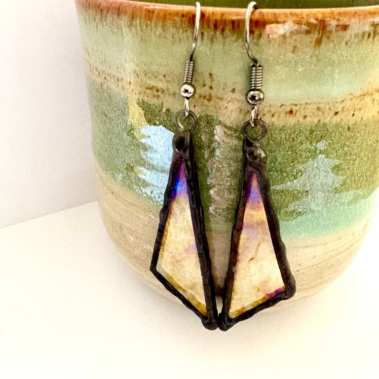 Iridescent stained glass dangle earrings, Unique zero waste statement jewellery 