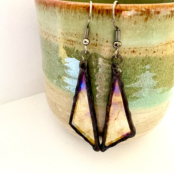 Iridescent stained glass dangle earrings, Unique zero waste statement jewellery 