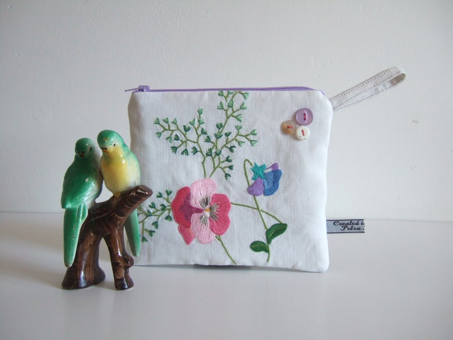  Make up bag from upcycled embroidered pansies vintage table linen.